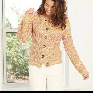 EUC Universal Thread Chunky Knit Yellow & Pink Cardigan